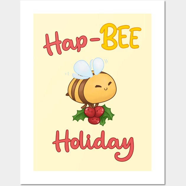 Hap Bee Holiday Cute Bee Carrying Christmas Berry Wall Art by Takeda_Art